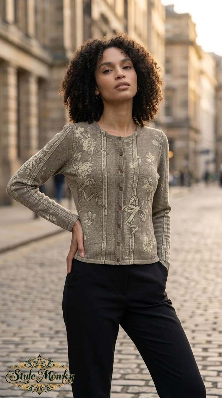 Easel Floral Cardigan Size M Brown Lambswool Angora